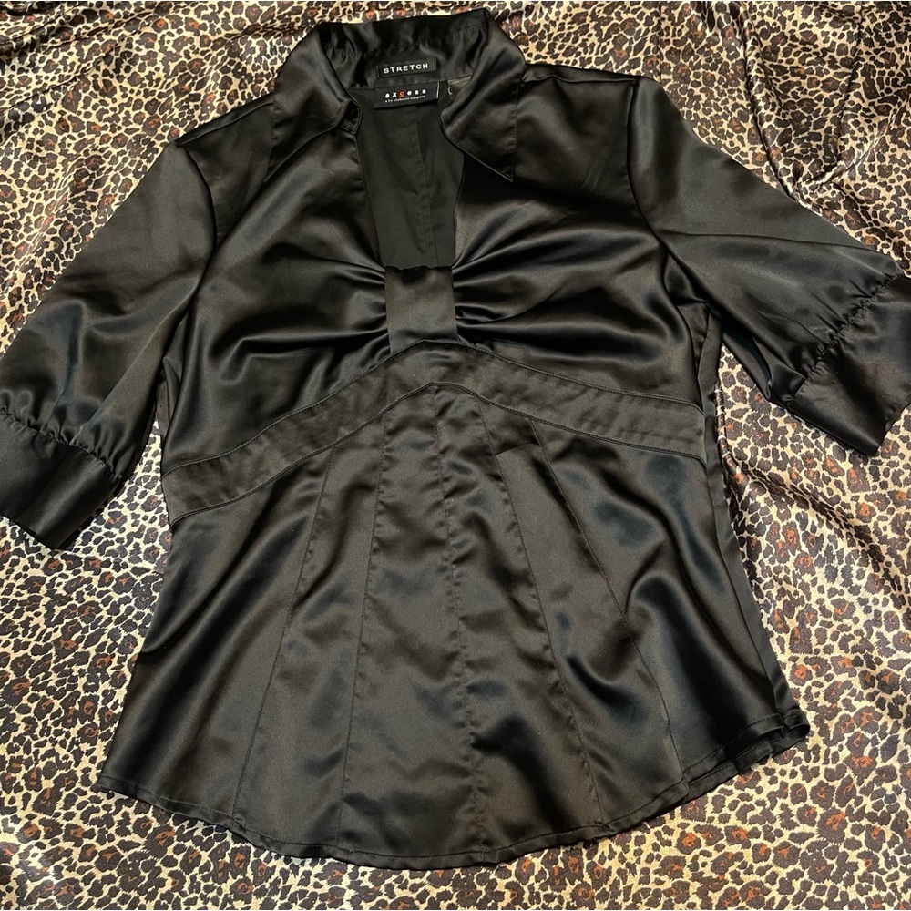 Y2k Axcess by Liz Claiborne Black Satin Crop Sleeve Blouse
